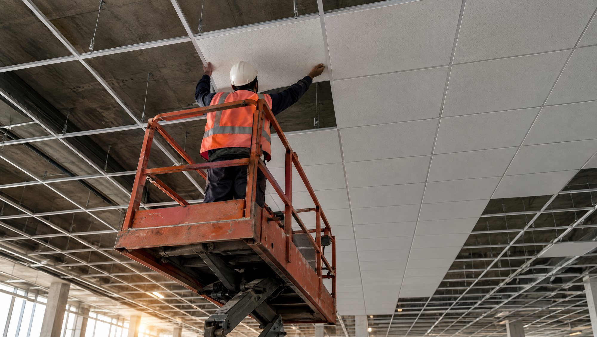 A worker on a scissor lift installing acoustic tiles into a suspended T-bar grid