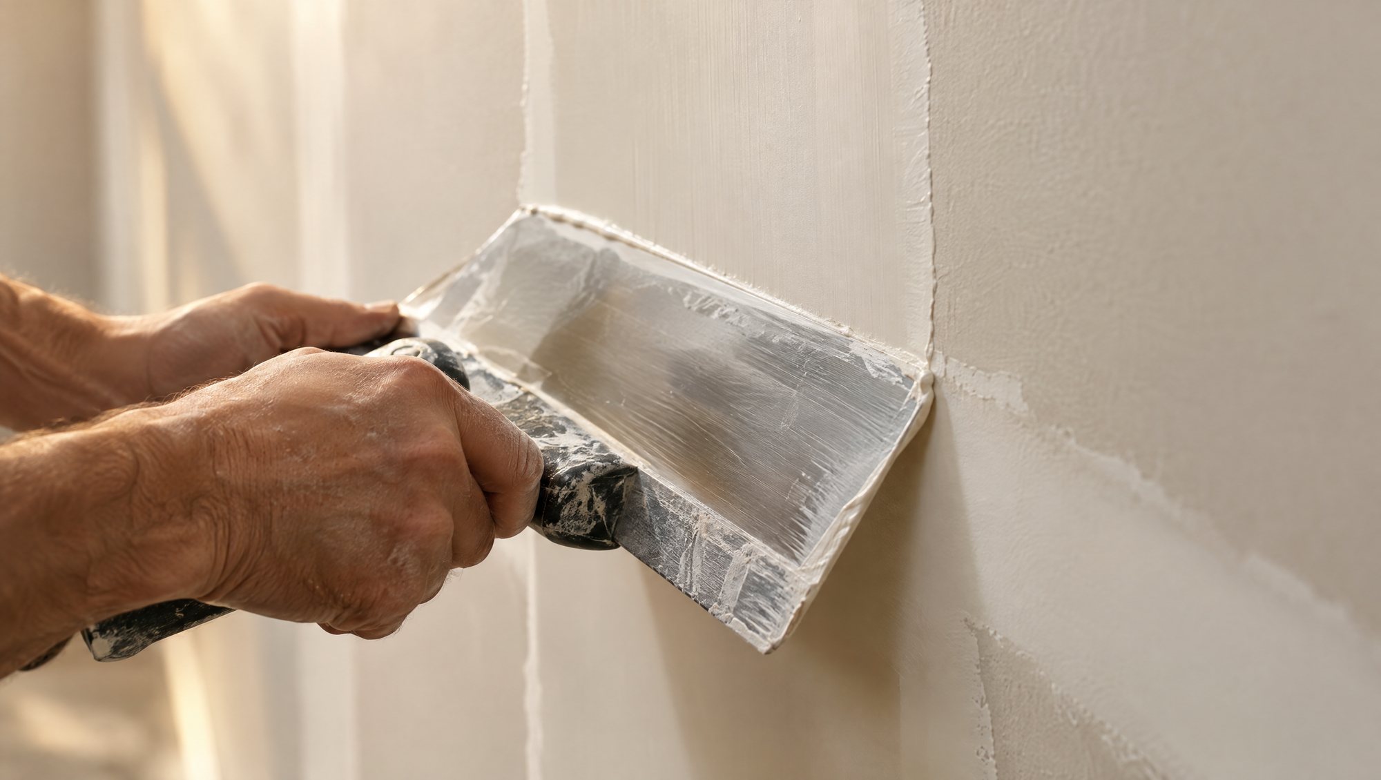 A taping knife drawing joint compound across a drywall seam under raking light
