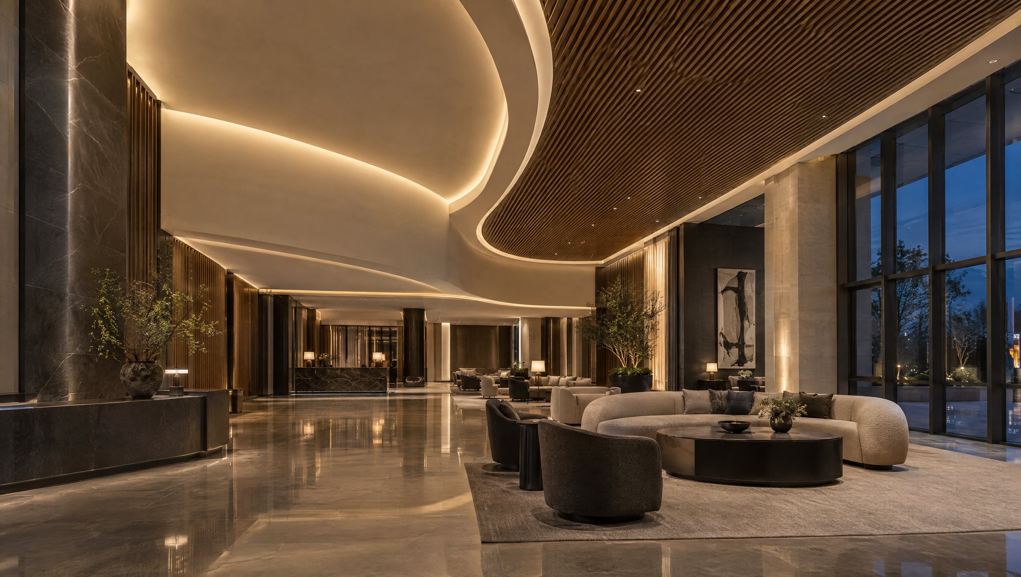 A hotel lobby with curved gypsum soffits, cove lighting and a wood slat ceiling