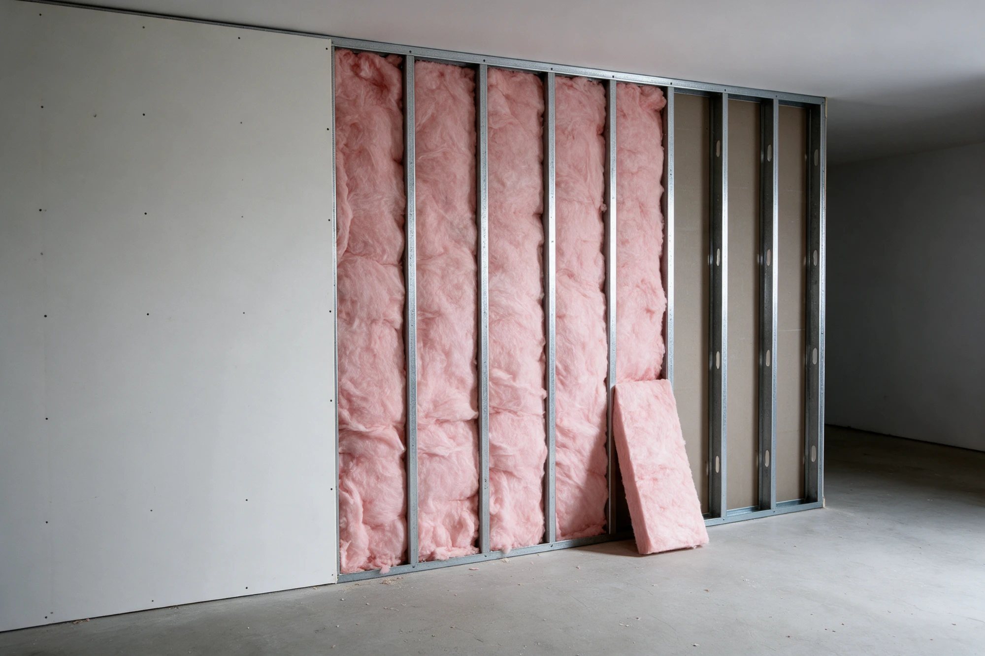 Pink batt insulation fitted between steel studs, with drywall on one side and bare studs on the other