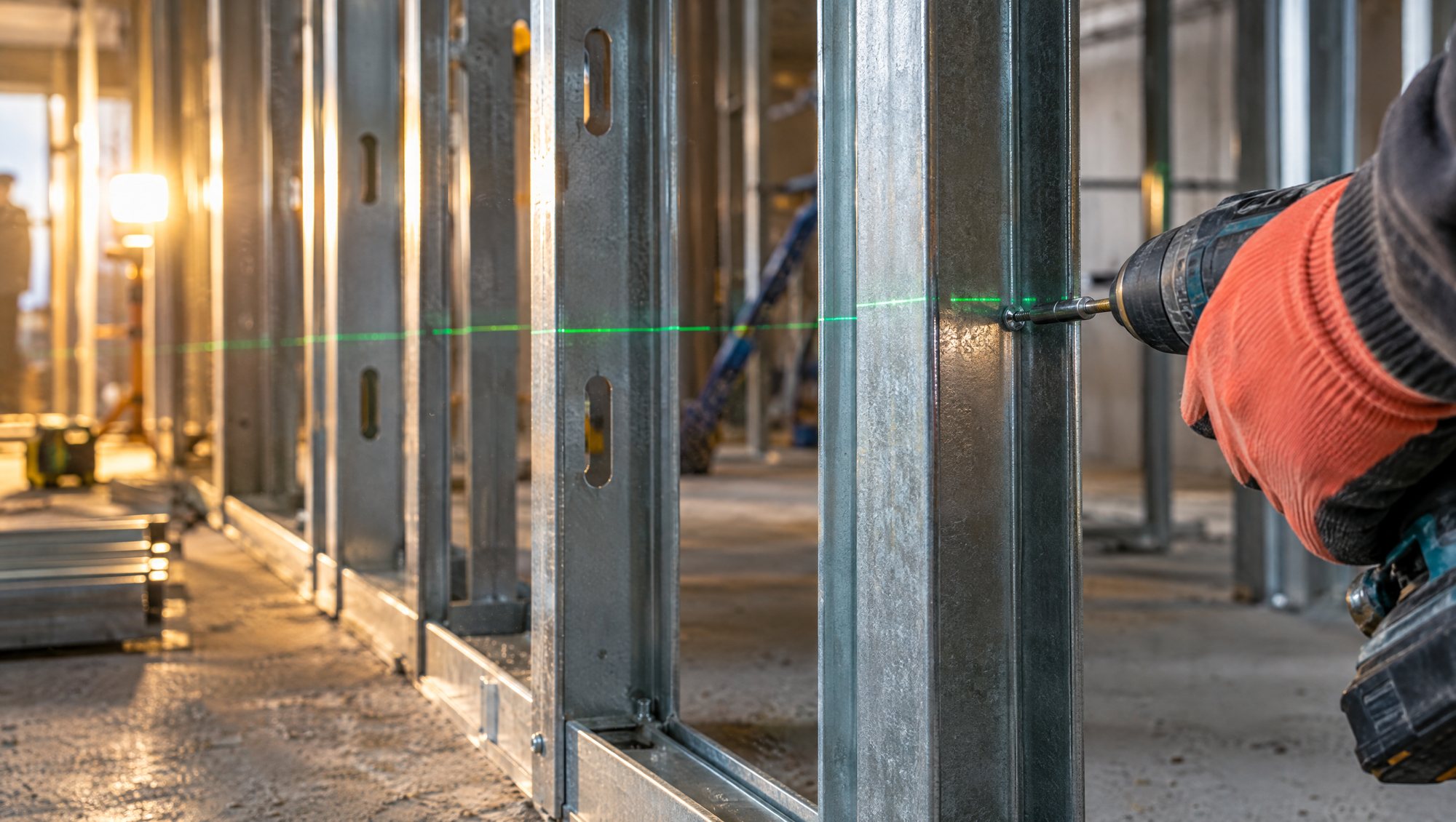Galvanized steel studs with a laser level line across them