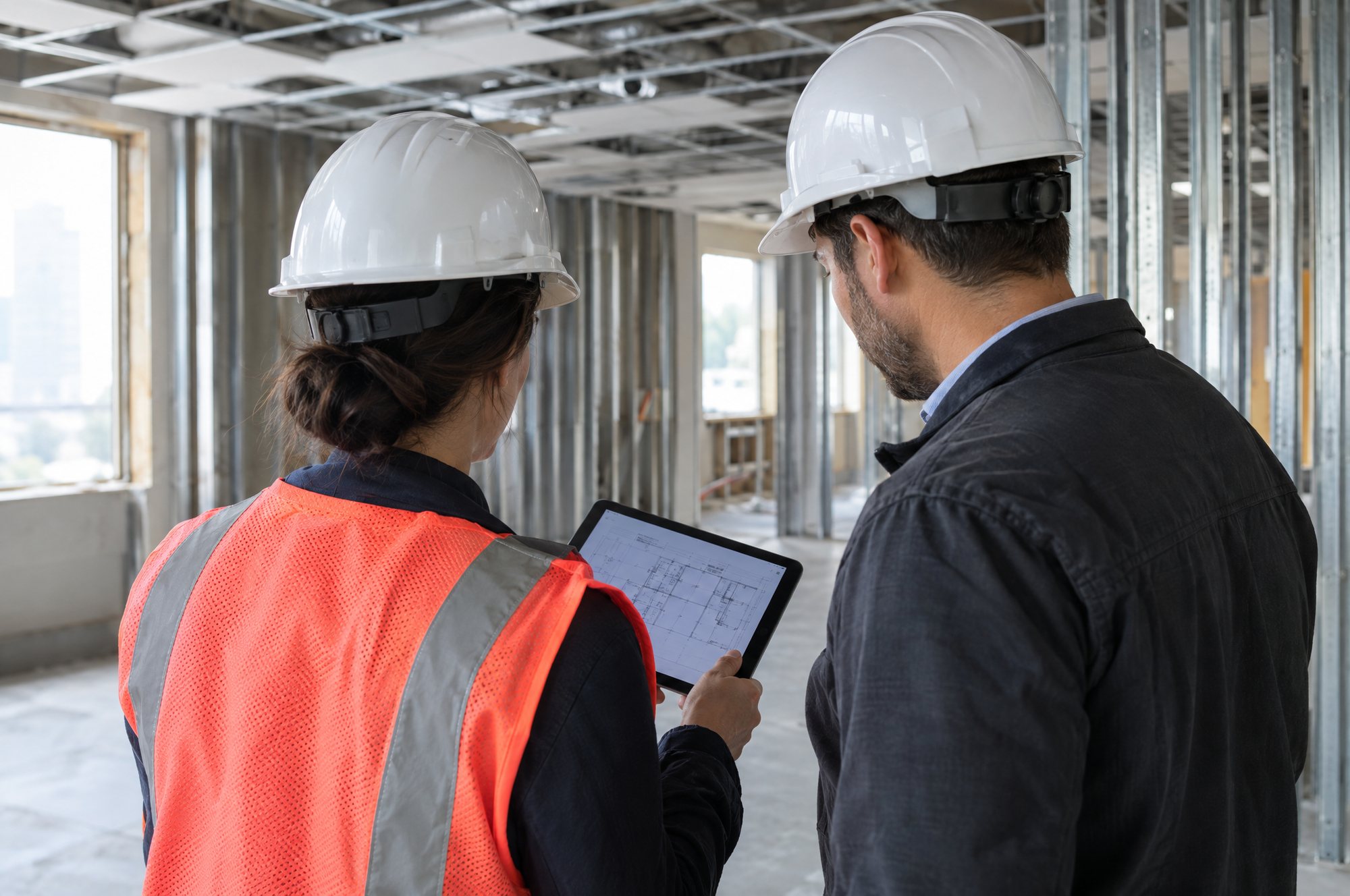 Two site supervisors in hard hats reviewing drawings on a tablet inside a framed-out floor