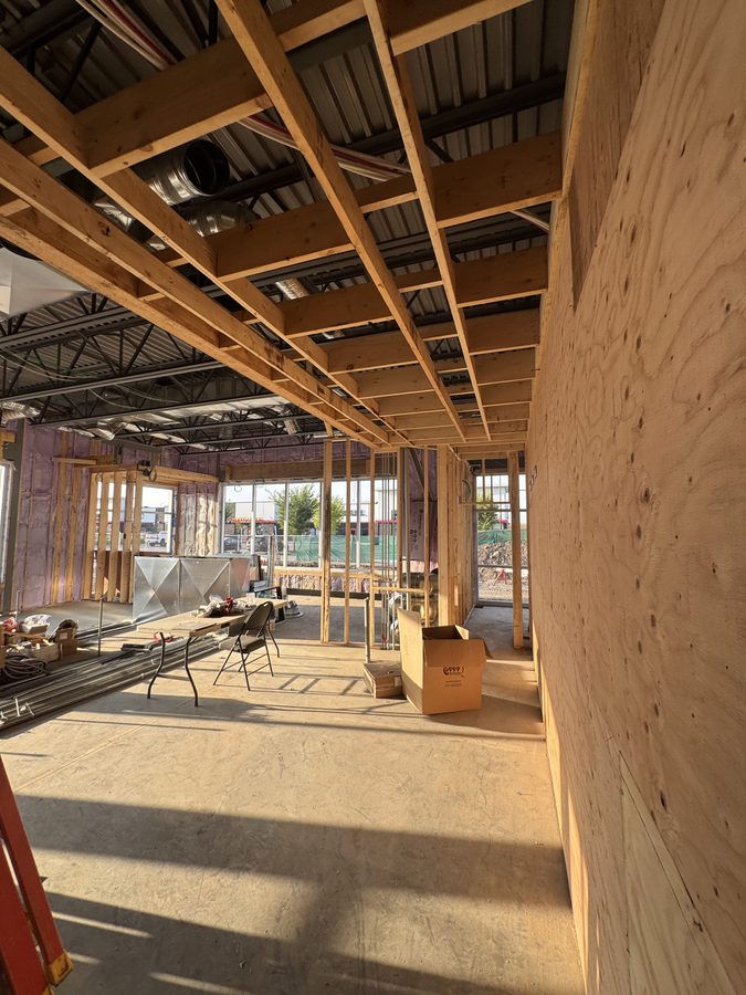 Wood ceiling framing and plywood-sheathed walls in a new commercial building